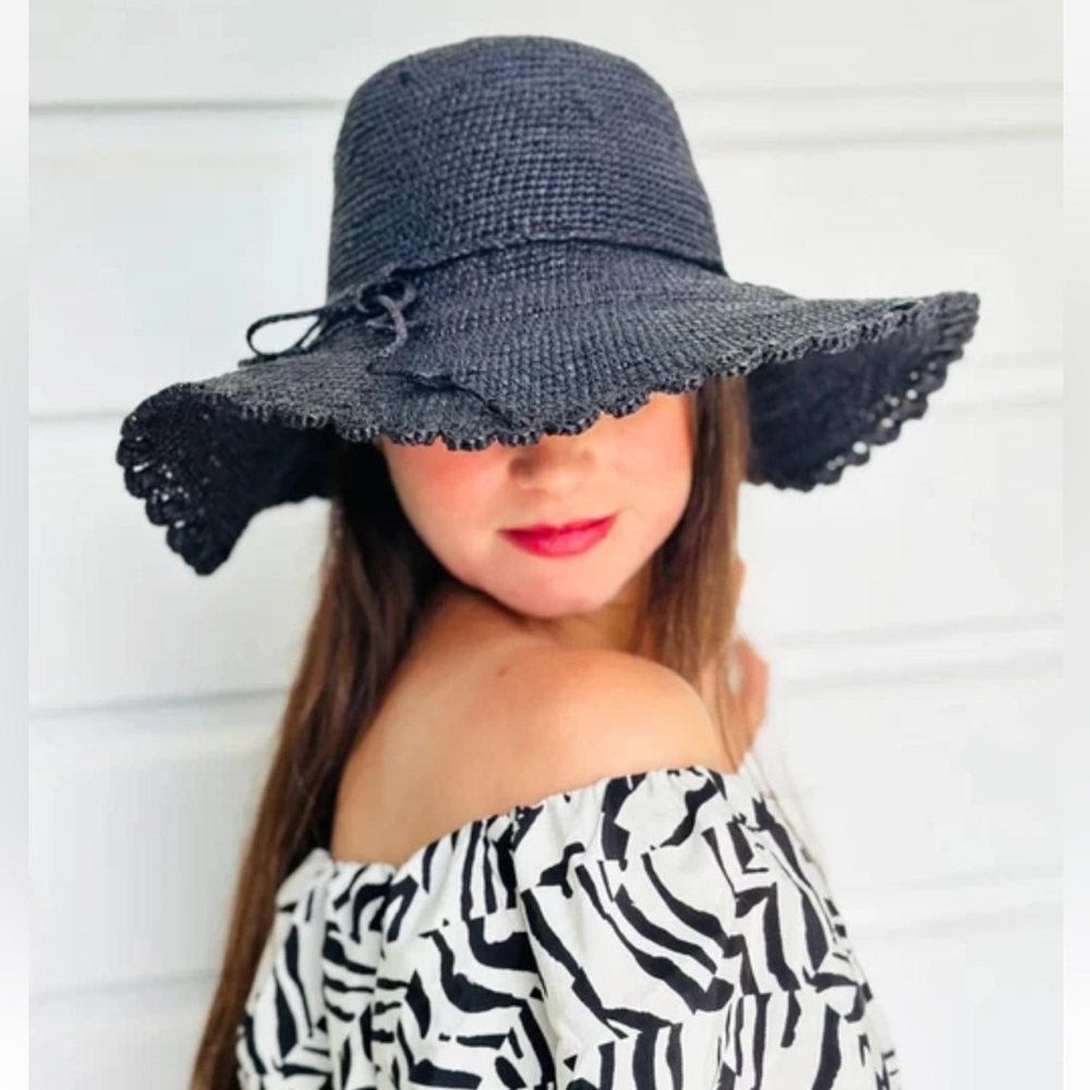 SHEBOBO Genevieve 4" Brim Crochet Straw Sun Hat Lace Weave Edge Dark Brown EUC